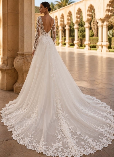 A-Line Plunge Neck Long Sleeves Court Train Satin Wedding Dresses With Appliques Lace