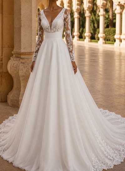 A-Line Plunge Neck Long Sleeves Court Train Satin Wedding Dresses With Appliques Lace