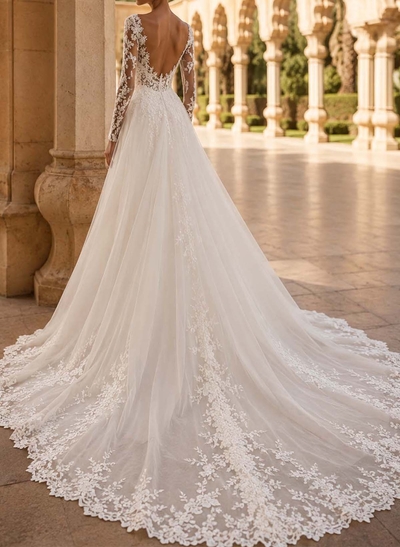A-Line Plunge Neck Long Sleeves Court Train Satin Wedding Dresses With Appliques Lace