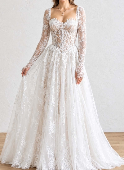 A-Line Sweetheart Long Sleeves Sweep Train Satin Wedding Dresses With Appliques Lace