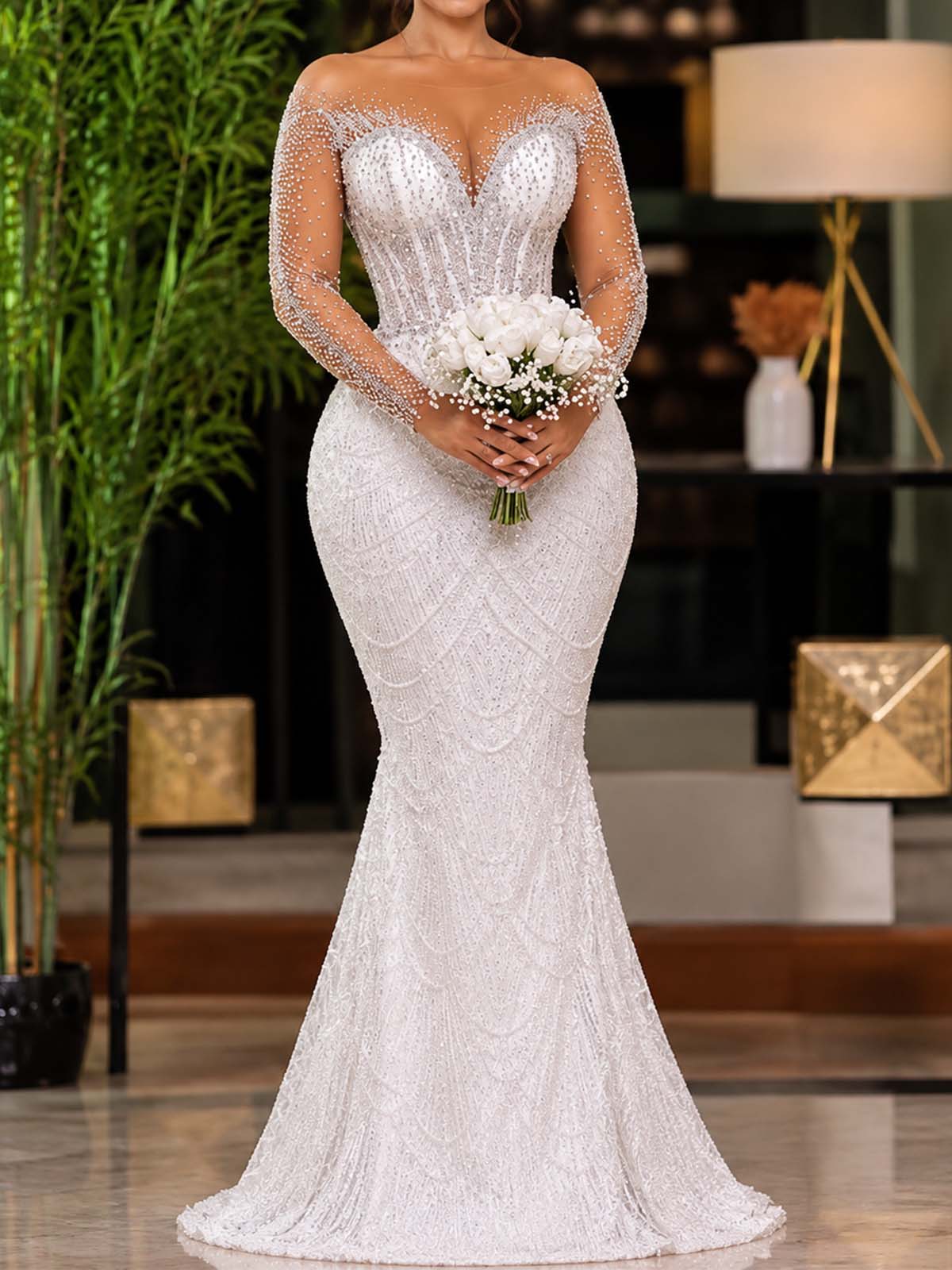 Trumpet/Mermaid Sweetheart Long Sleeves Sweep Train Satin/Tulle Wedding Dresses With Rhinestone