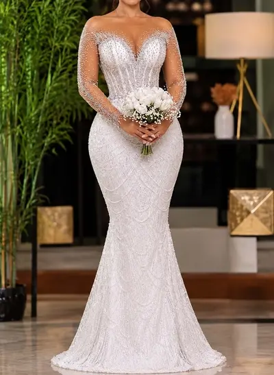 Trumpet/Mermaid Sweetheart Long Sleeves Sweep Train Satin/Tulle Wedding Dresses With Rhinestone