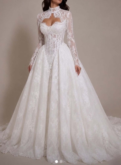 Ball-Gown High Neck Long Sleeves Court Train Lace/Satin/Tulle Wedding Dresses With Appliques Lace