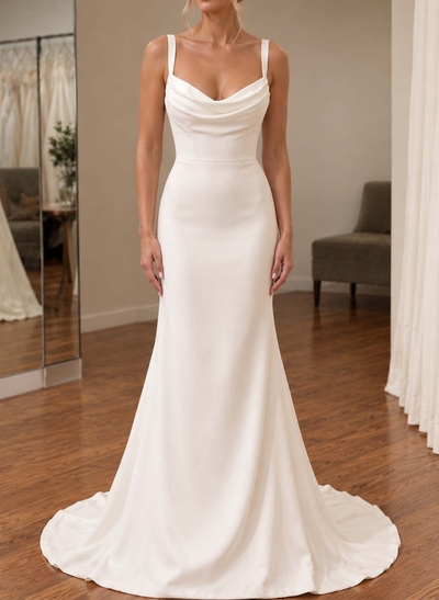 Sheath/Column Cowl Neck Sleeveless Sweep Train Stretch Satin Wedding Dresses