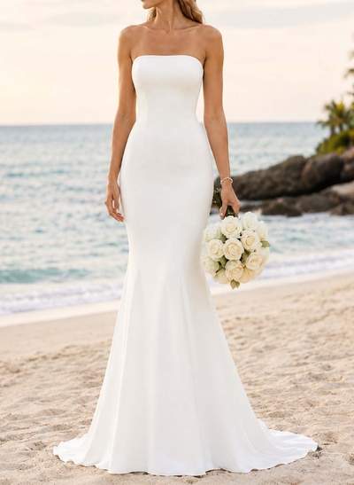 Trumpet/Mermaid Strapless Sleeveless Sweep Train Elastic Satin Wedding Dresses