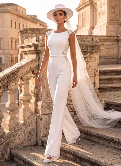 Jumpsuit/Pantsuit Scoop Neck Sleeveless Floor-Length Elastic Satin Wedding Dresses With Appliques Lace/Sash