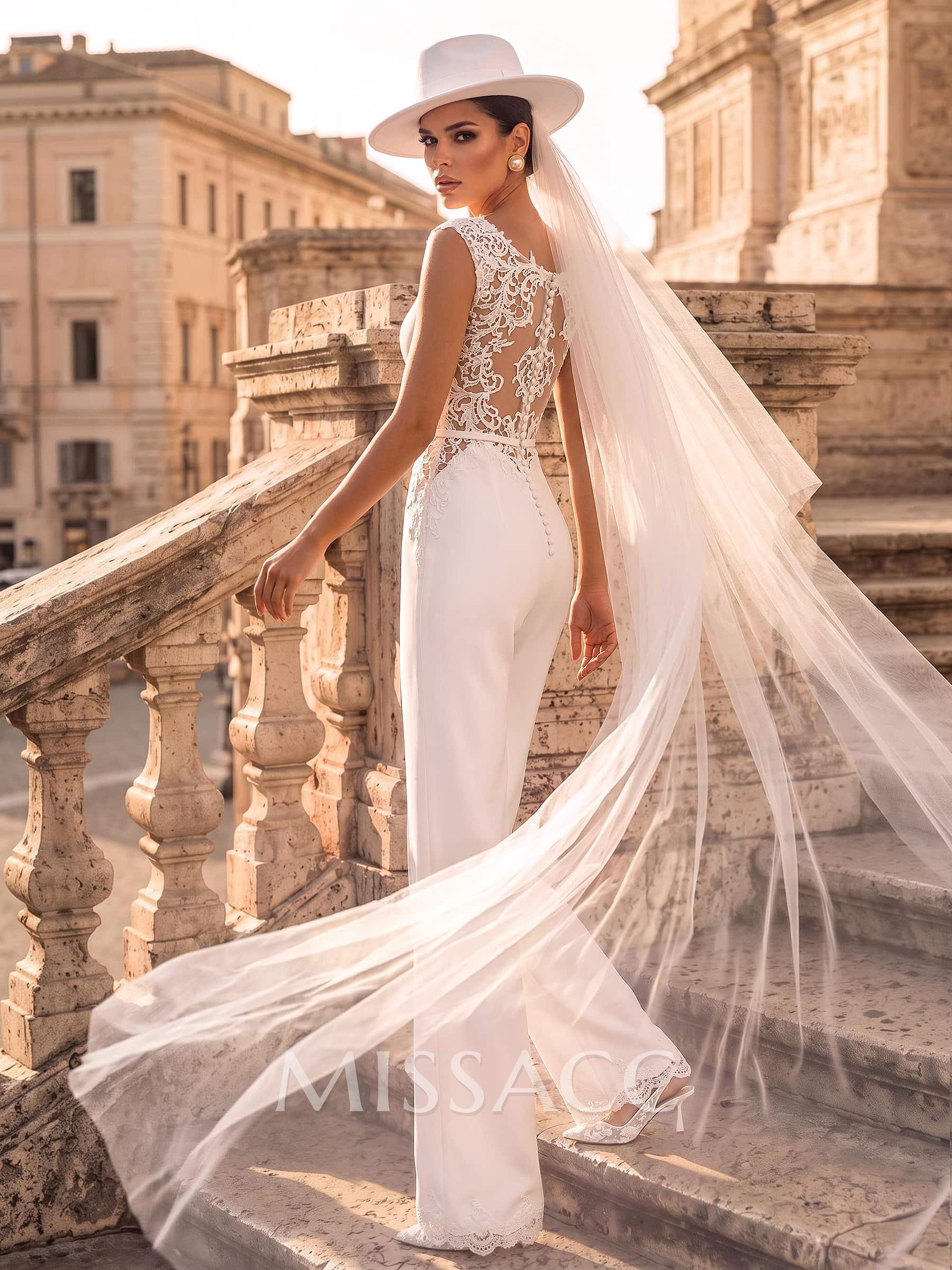Jumpsuit/Pantsuit Scoop Neck Sleeveless Floor-Length Elastic Satin Wedding Dresses With Appliques Lace/Sash
