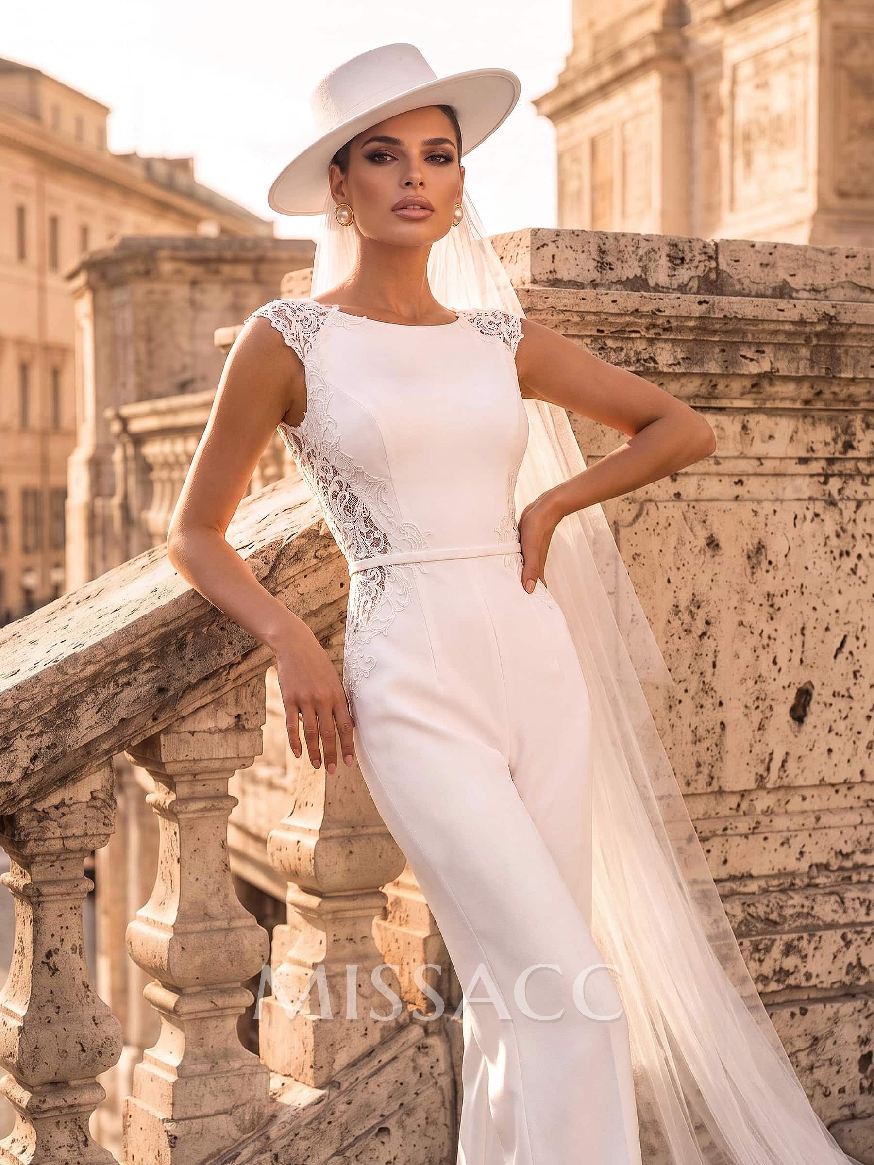 Jumpsuit/Pantsuit Scoop Neck Sleeveless Floor-Length Elastic Satin Wedding Dresses With Appliques Lace/Sash
