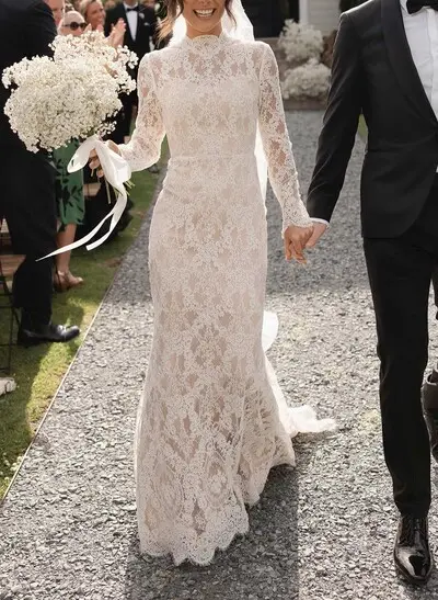 Sheath/Column High Neck Long Sleeves Chapel Train Wedding Dresses