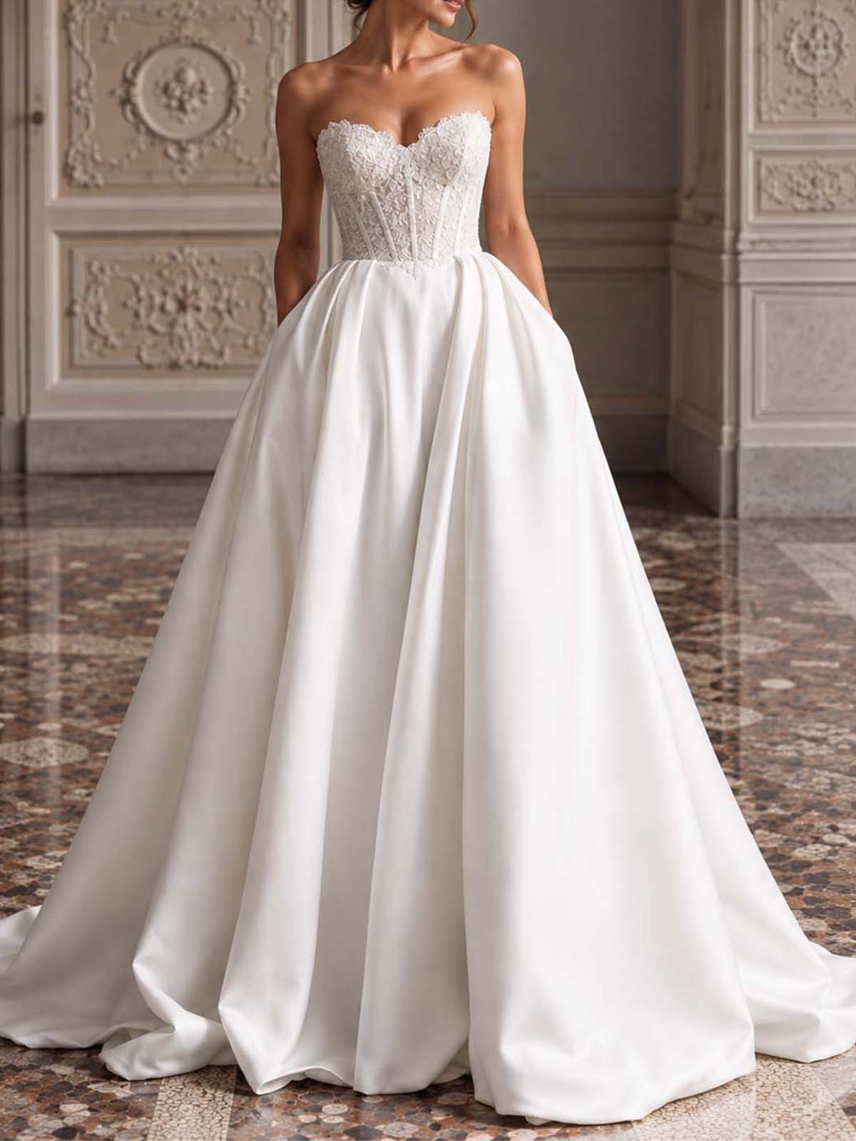 Sleeveless Matte Satin Ballgown Wedding Dress With Sweetheart Neckline, Lace Appliqués And Court Train