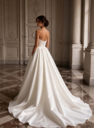 Sleeveless Matte Satin Ballgown Wedding Dress With Sweetheart Neckline, Lace Appliqués And Court Train