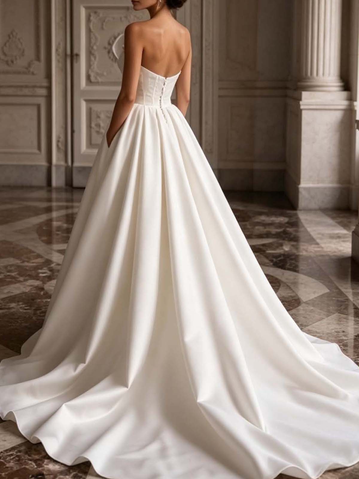 Sleeveless Matte Satin Ballgown Wedding Dress With Sweetheart Neckline, Lace Appliqués And Court Train