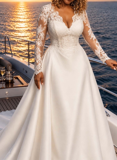Ball-Gown Plunge Neck Long Sleeves Royal Tulle/Composite Wire Chiffon Wedding Dresses With Appliques Lace
