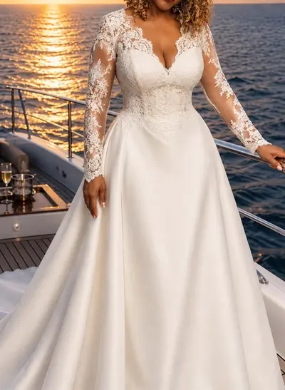 Ball-Gown Plunge Neck Long Sleeves Royal Tulle/Composite Wire Chiffon Wedding Dresses With Appliques Lace
