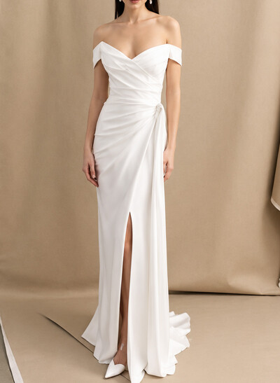 Sheath/Column Off-The-Shoulder Sleeveless Sweep Train Matte Satin Wedding Dresses With Pleated/High Split