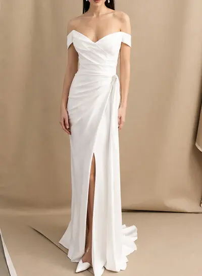 Sheath/Column Off-The-Shoulder Sleeveless Sweep Train Matte Satin Wedding Dresses With Pleated/High Split