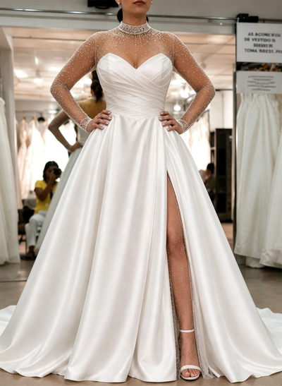 Ball-Gown Sweetheart Long Sleeves Court Train Satin/Tulle Wedding Dresses With Beading