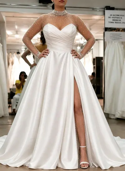 Ball-Gown Sweetheart Long Sleeves Court Train Satin/Tulle Wedding Dresses With Beading