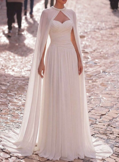 Sheath/Column Sweetheart Cape Sleeves Sweep Train Chiffon Wedding Dresses With Pleated