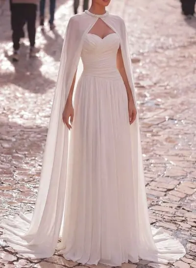 Sheath/Column Sweetheart Cape Sleeves Sweep Train Chiffon Wedding Dresses With Pleated