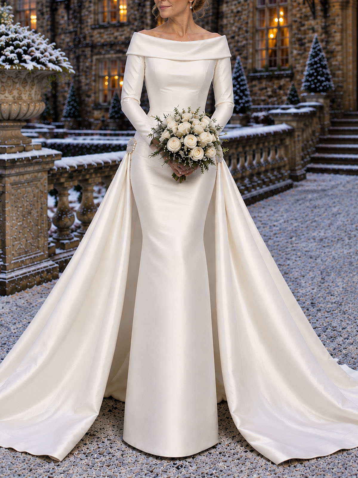 Sheath/Column Off-The-Shoulder Long Sleeves Court Train Satin Wedding Dresses With