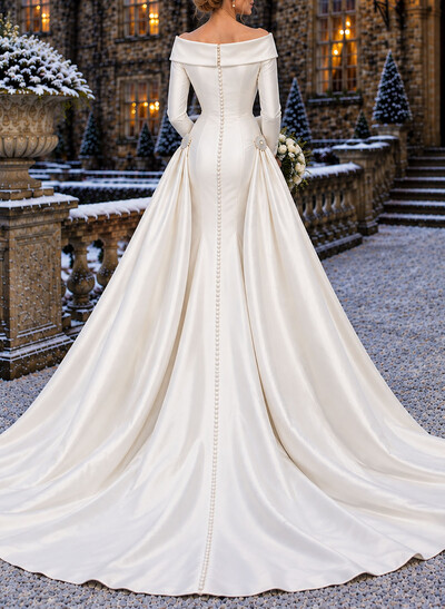 Sheath/Column Off-The-Shoulder Long Sleeves Court Train Satin Wedding Dresses With
