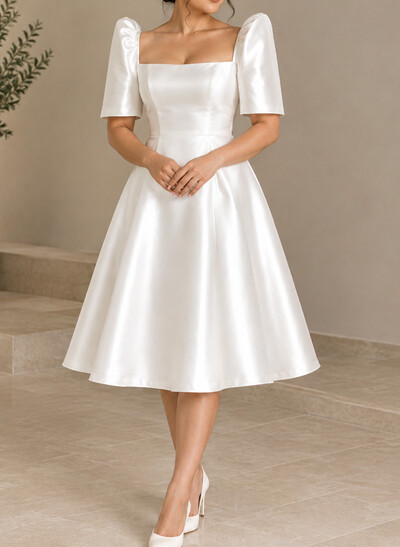 A-Line Square Neckline Short Sleeves Tea-Length Liquid Satin Wedding Dresses With Bow