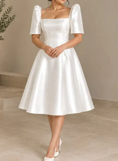 A-Line Square Neckline Short Sleeves Tea-Length Liquid Satin Wedding Dresses With Bow