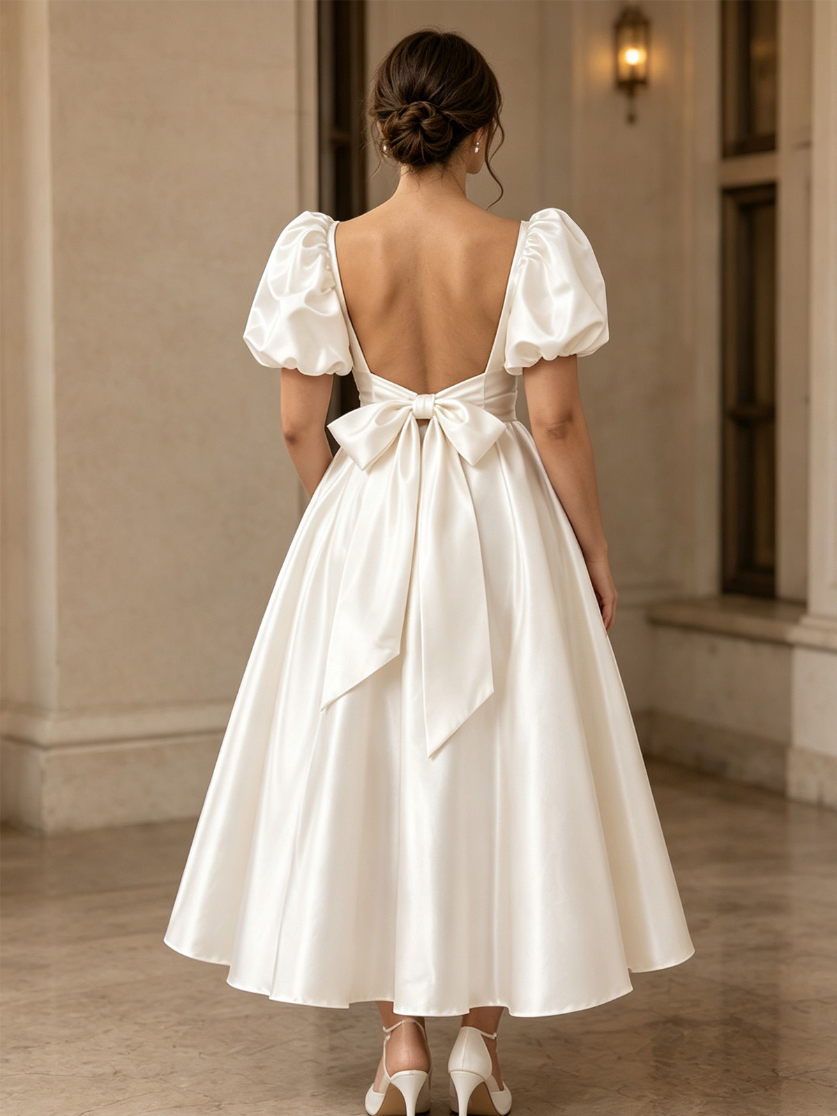 A-Line Square Neckline Short Sleeves Tea-Length Liquid Satin Wedding Dresses With Bow