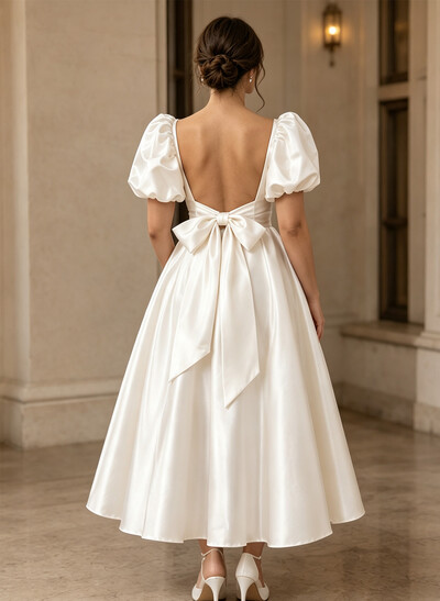 A-Line Square Neckline Short Sleeves Tea-Length Liquid Satin Wedding Dresses With Bow