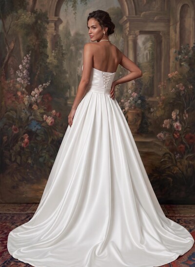 Sweetheart Sleeveless Matte Satin Bridal Jumpsuit/Trouser Suit With Court Train And Pleated/Split Front