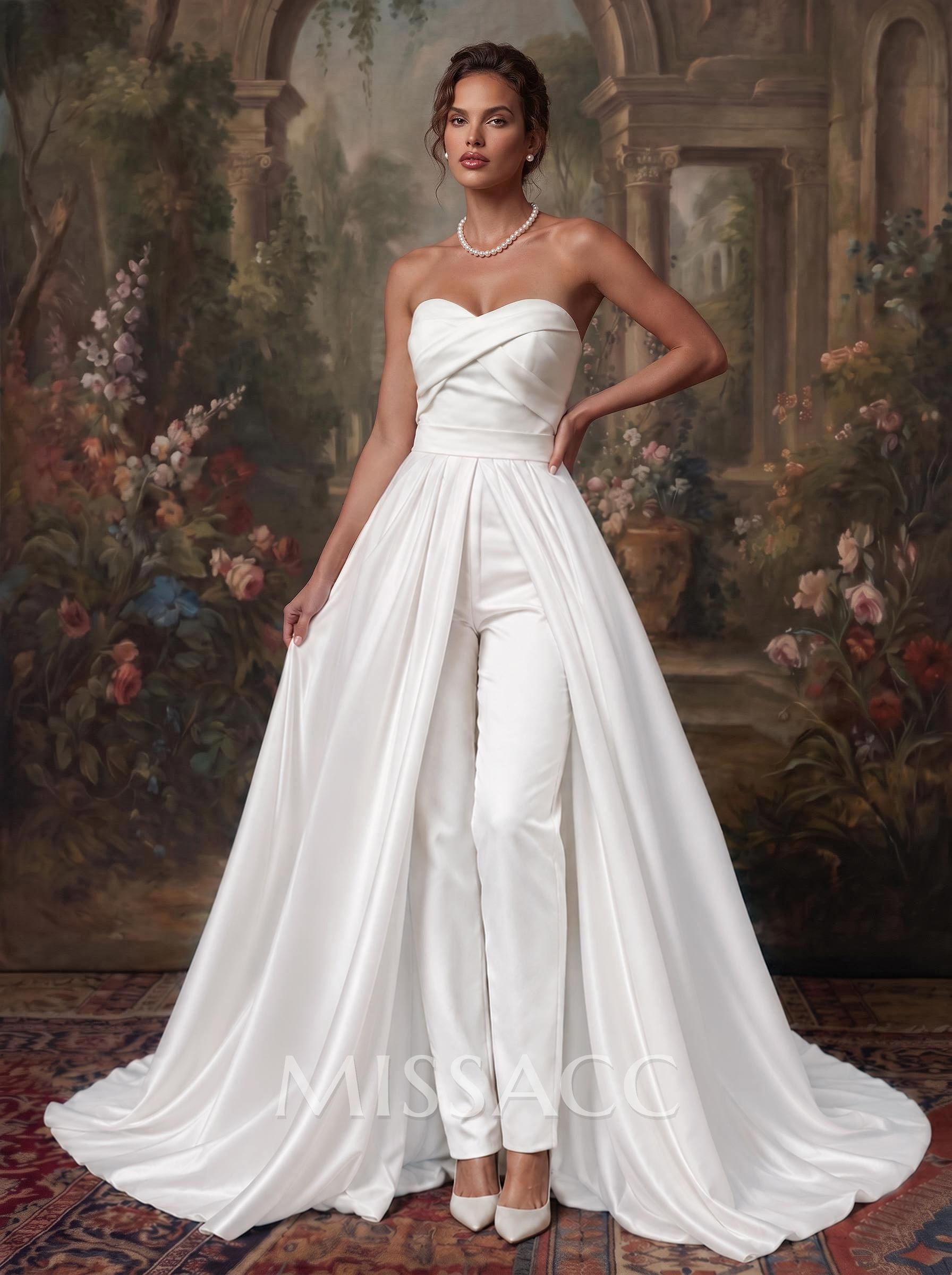 Sweetheart Sleeveless Matte Satin Bridal Jumpsuit/Trouser Suit With Court Train And Pleated/Split Front