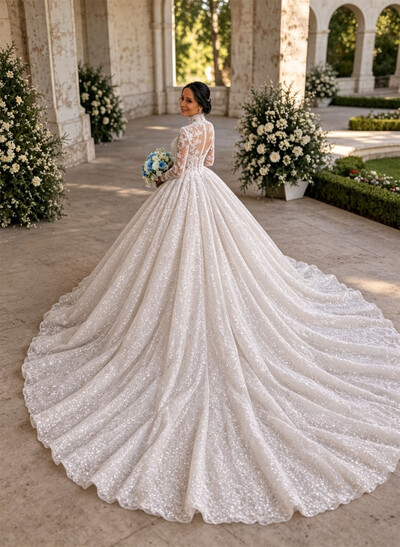 Ball-Gown High Neck Long Sleeves Royal Lace/Tulle Wedding Dresses With Appliques Lace