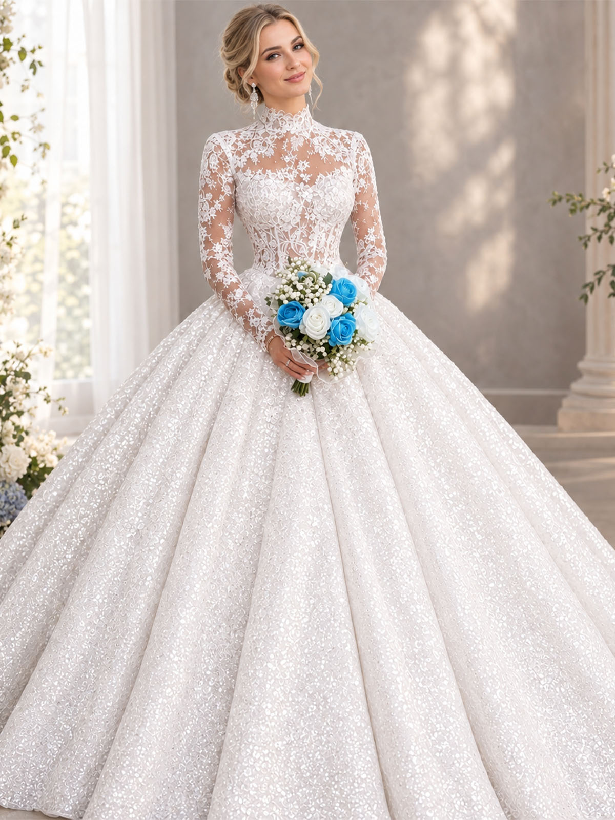 Ball-Gown High Neck Long Sleeves Royal Lace/Tulle Wedding Dresses With Appliques Lace