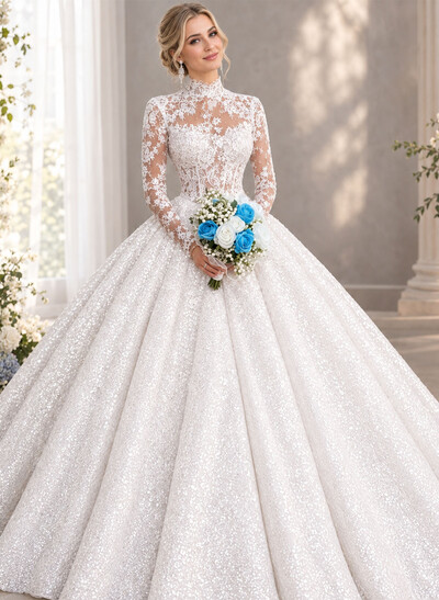 Ball-Gown High Neck Long Sleeves Royal Lace/Tulle Wedding Dresses With Appliques Lace