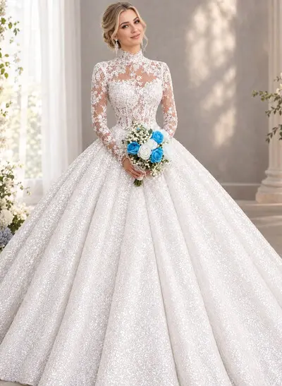 Ball-Gown High Neck Long Sleeves Royal Lace/Tulle Wedding Dresses With Appliques Lace