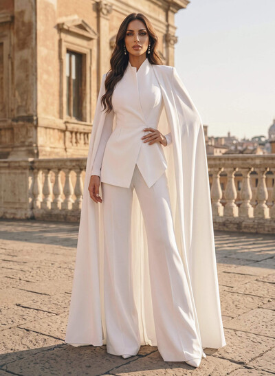 Two-Piece V-Neck Long Sleeve Floor-Length Stretch Satin Wedding Dresses With