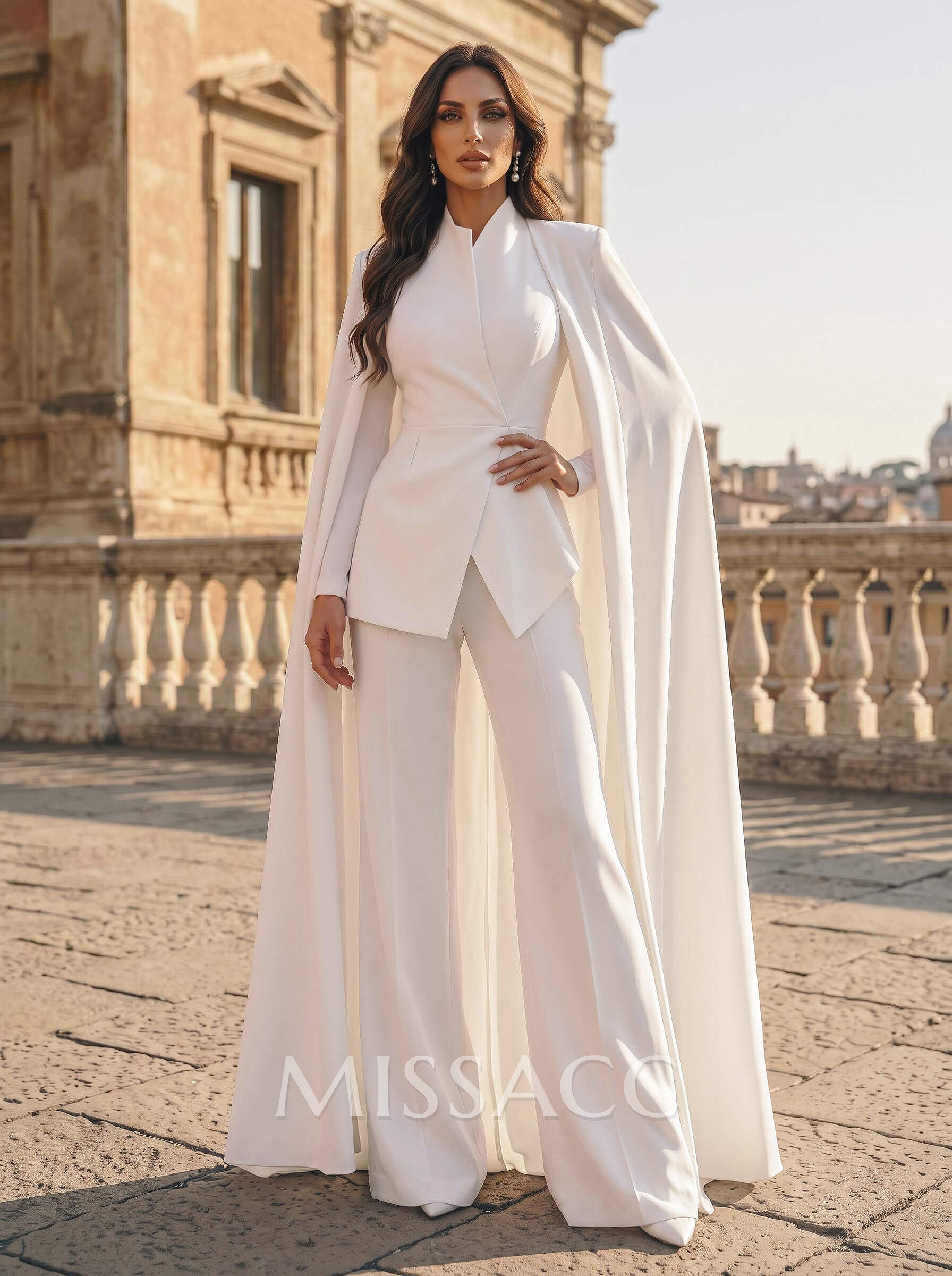 Two-Piece V-Neck Long Sleeve Floor-Length Stretch Satin Wedding Dresses With