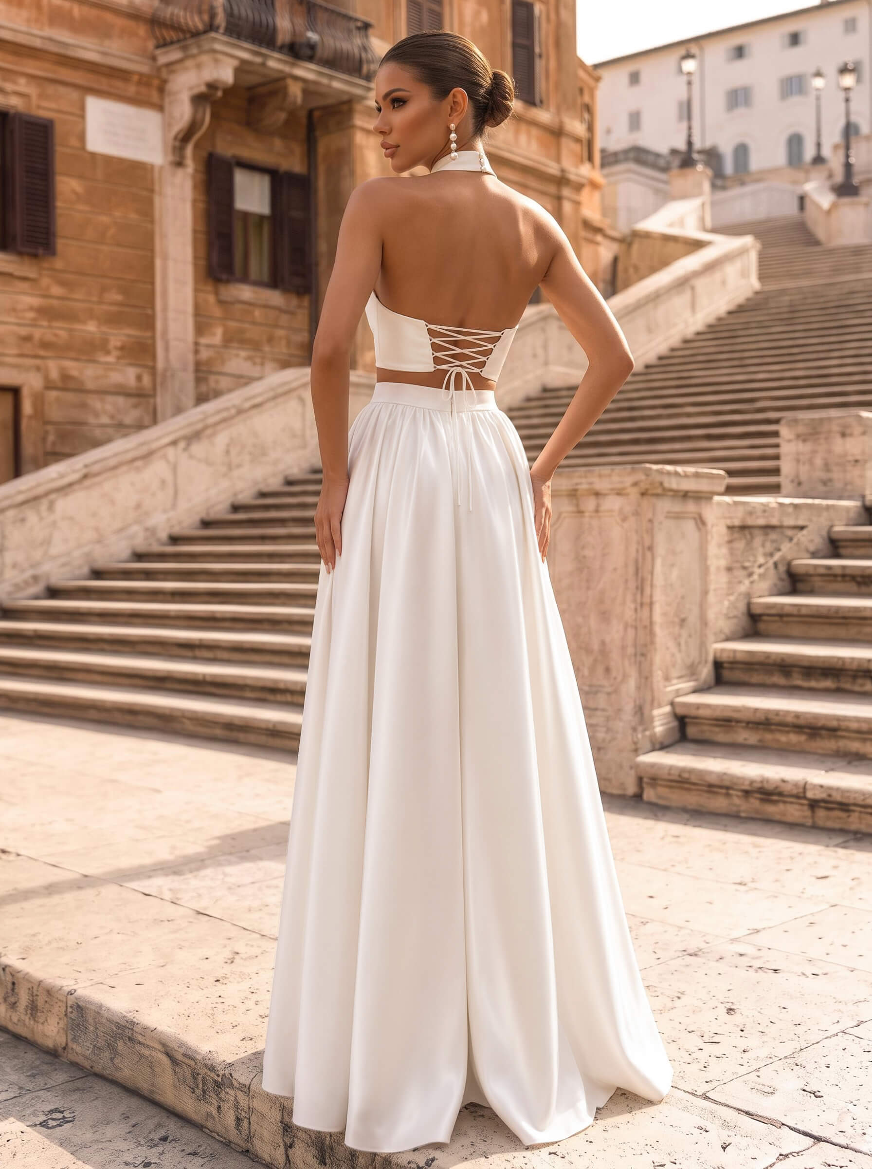 Two Piece Halter Sleeveless Floor-Length Acetate Satin Wedding Dresses With Pleated