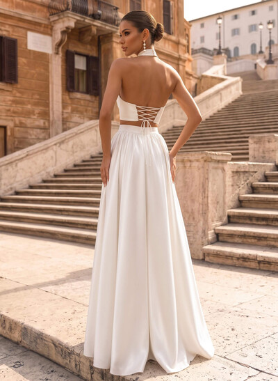Two-Piece Halterneck Sleeveless Floor-Length Acetate Satin Bridal Gown With Pleated Details