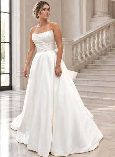 A-Line Strapless Twill Satin Wedding Dress With Court Train And Bow Detail