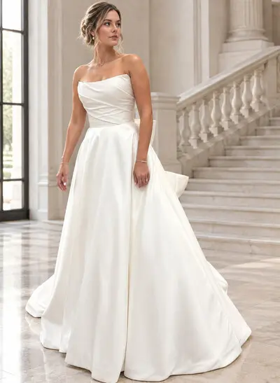 A-Line Strapless Sleeveless Court Train Twill Satin Wedding Dresses With Bow
