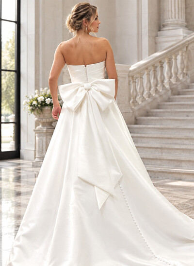 A-Line Strapless Twill Satin Wedding Dress With Court Train And Bow Detail