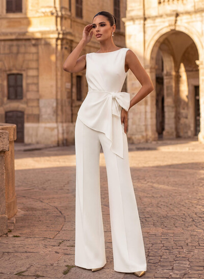 Jumpsuit/Pantsuit Scoop Neck Sleeveless Floor-Length Elastic Satin Wedding Dresses With Pockets