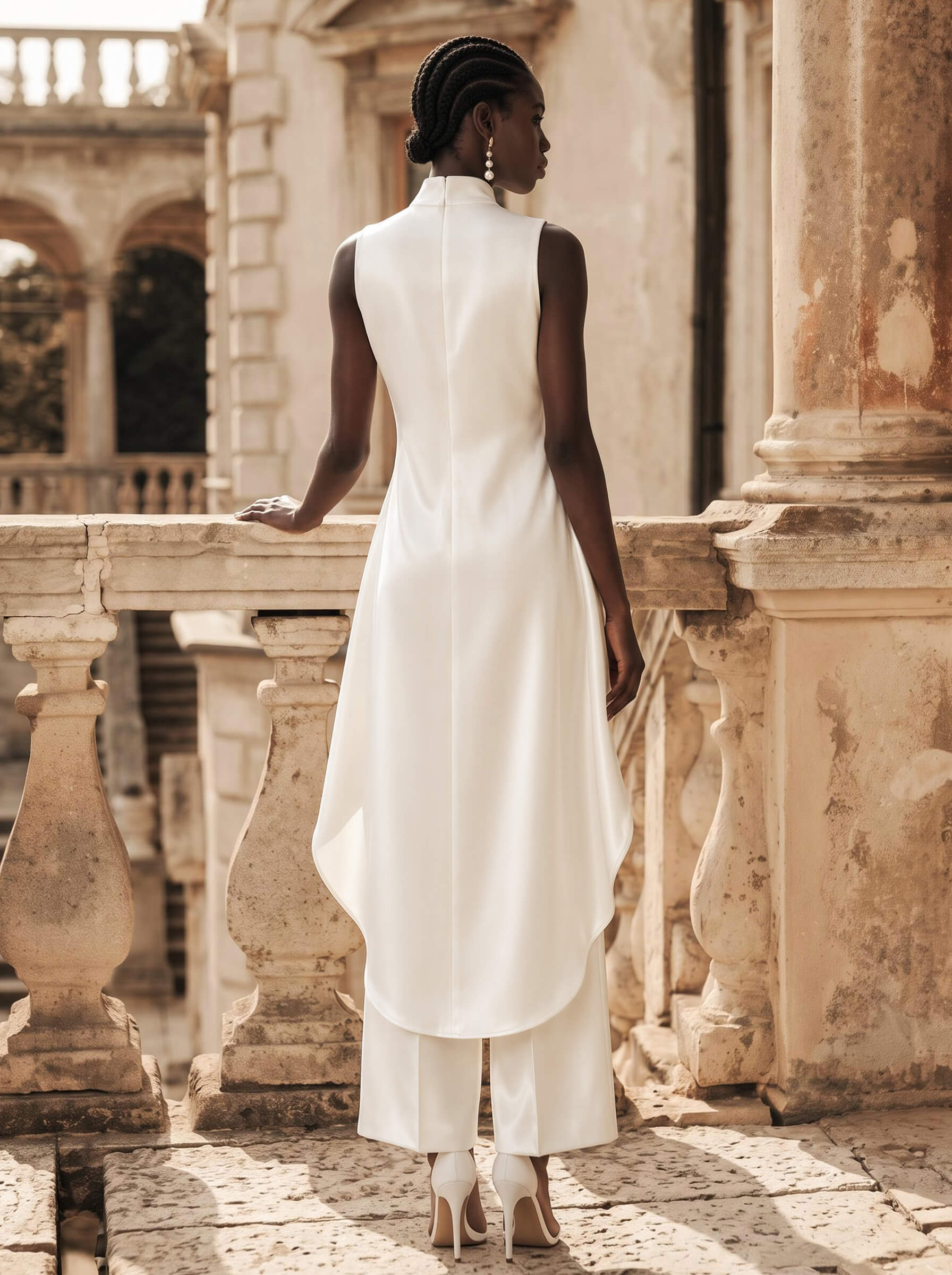 Jumpsuit/Pantsuit High Neck Sleeveless Ankle-Length Crepe Satin Wedding Dresses With
