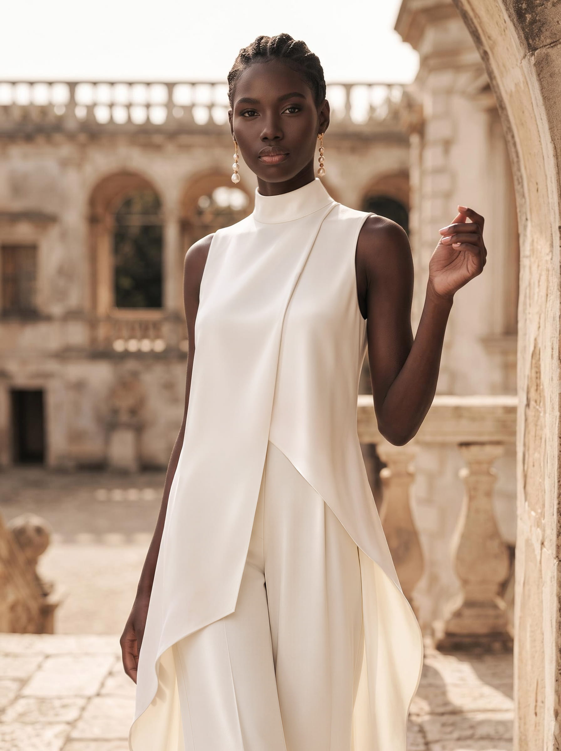 Jumpsuit/Pantsuit High Neck Sleeveless Ankle-Length Crepe Satin Wedding Dresses With