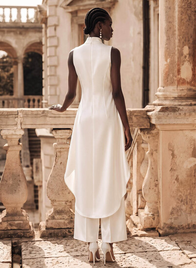 Jumpsuit/Pantsuit High Neck Sleeveless Ankle-Length Crepe Satin Wedding Dresses With