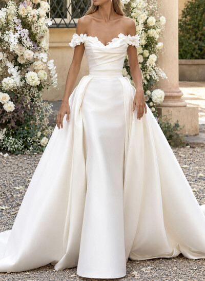 A-Line Off-The-Shoulder Sleeveless Crepe Satin Wedding Dress With Court Train And Floral Overskirt