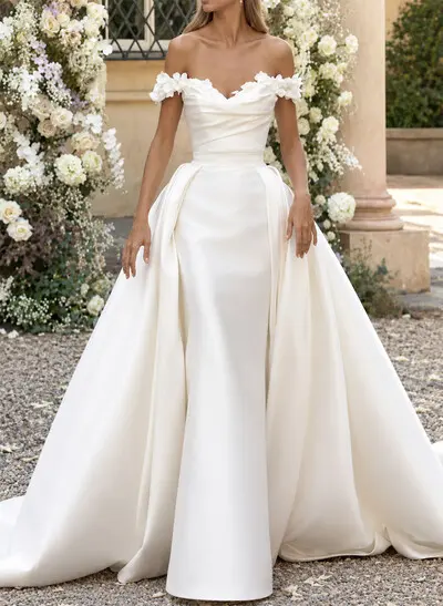 A-Line Off-The-Shoulder Sleeveless Court Train Crepe Satin Wedding Dresses With Flower/Overskirt Dress