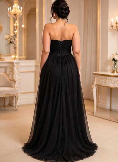 A-Line Sweetheart Sleeveless Sweep Train Chiffon/Tulle Wedding Dresses With High Slit